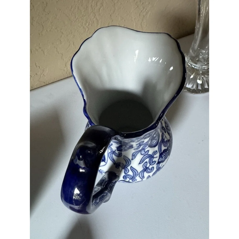 Vintage Blue And White Ceramic Pitcher Floral Chinoiserie Twig Handle 7 in Vase